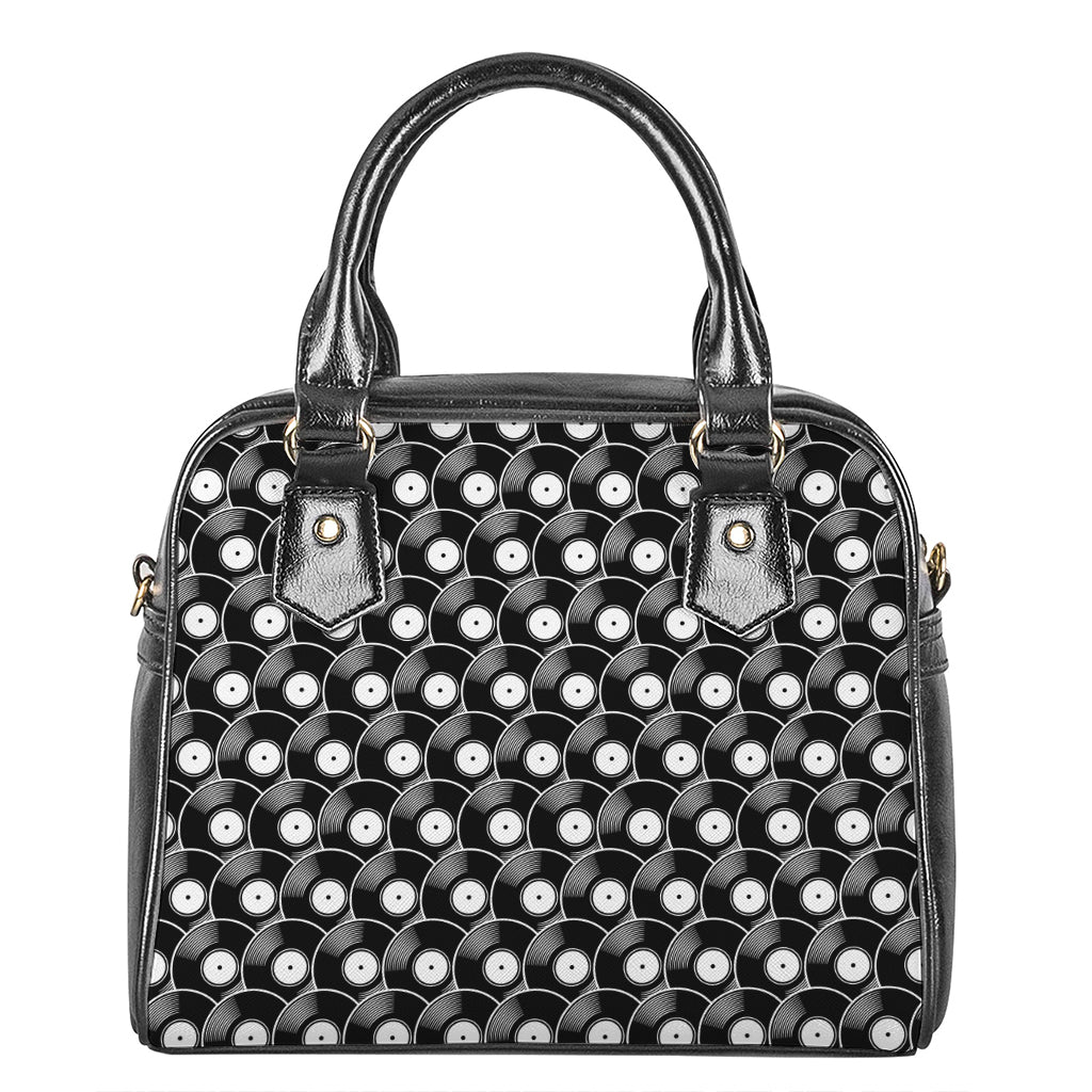 Black Vinyl Record Pattern Print Shoulder Handbag