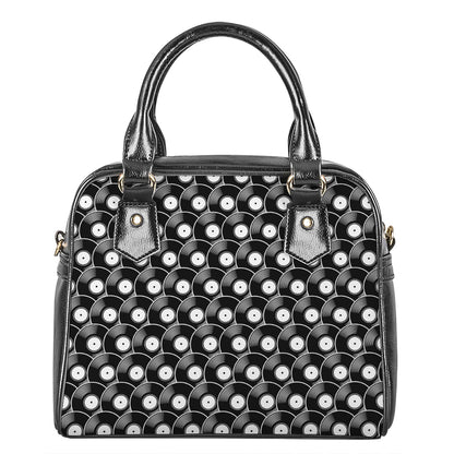 Black Vinyl Record Pattern Print Shoulder Handbag