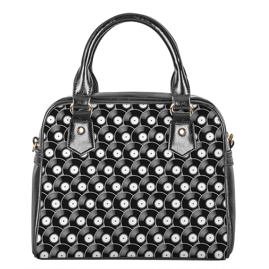 Black Vinyl Record Pattern Print Shoulder Handbag
