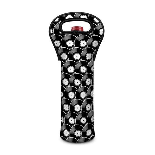 Black Vinyl Record Pattern Print Single Neoprene Wine Tote