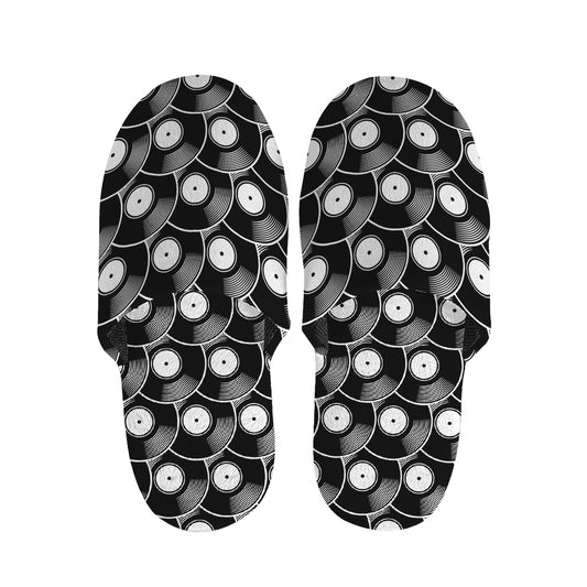 Black Vinyl Record Pattern Print Slippers