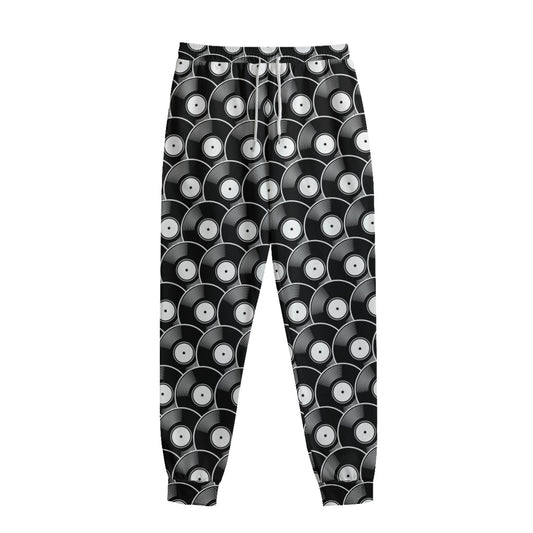 Black Vinyl Record Pattern Print Sweatpants