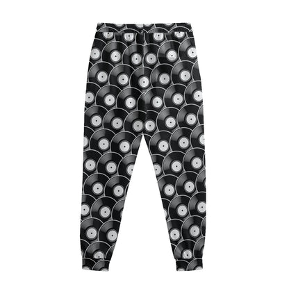 Black Vinyl Record Pattern Print Sweatpants
