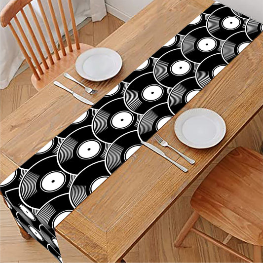 Black Vinyl Record Pattern Print Table Runner