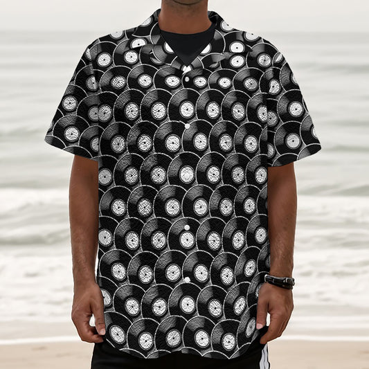 Black Vinyl Record Pattern Print Textured Short Sleeve Shirt