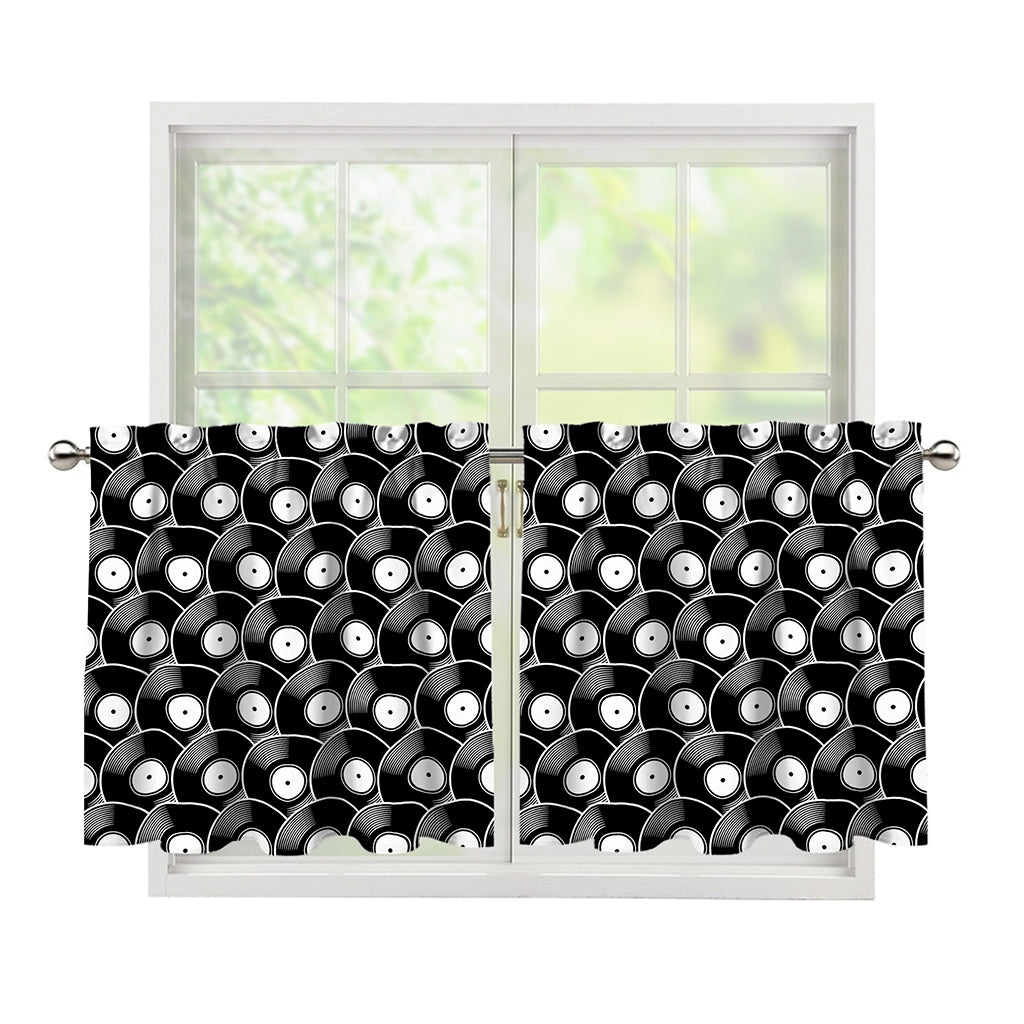 Black Vinyl Record Pattern Print Tier Curtains