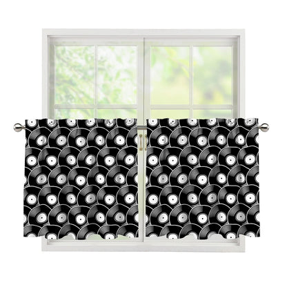 Black Vinyl Record Pattern Print Tier Curtains