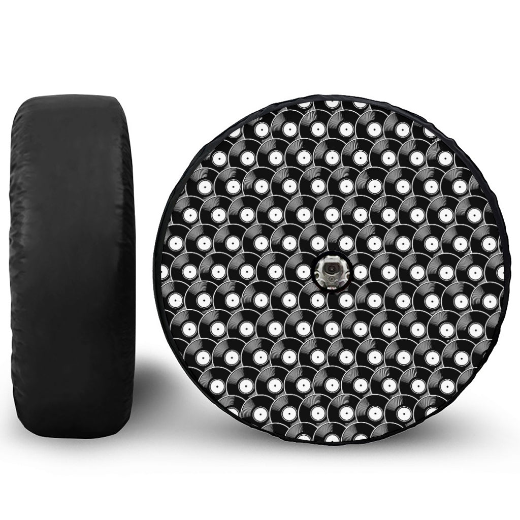 Black Vinyl Record Pattern Print Tire Cover With Camera Hole