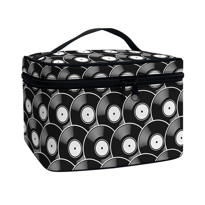 Black Vinyl Record Pattern Print Travel Makeup Bag