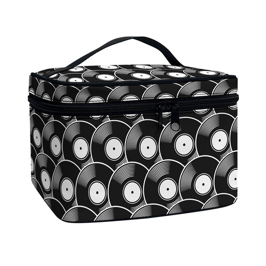 Black Vinyl Record Pattern Print Travel Makeup Bag
