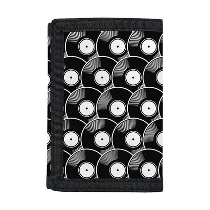 Black Vinyl Record Pattern Print Trifold Wallet