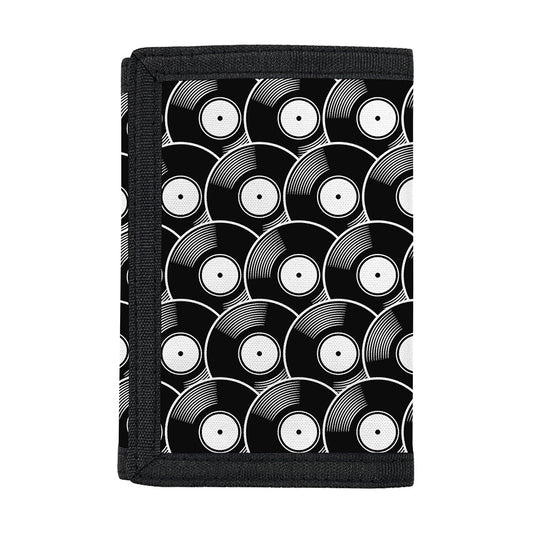 Black Vinyl Record Pattern Print Trifold Wallet
