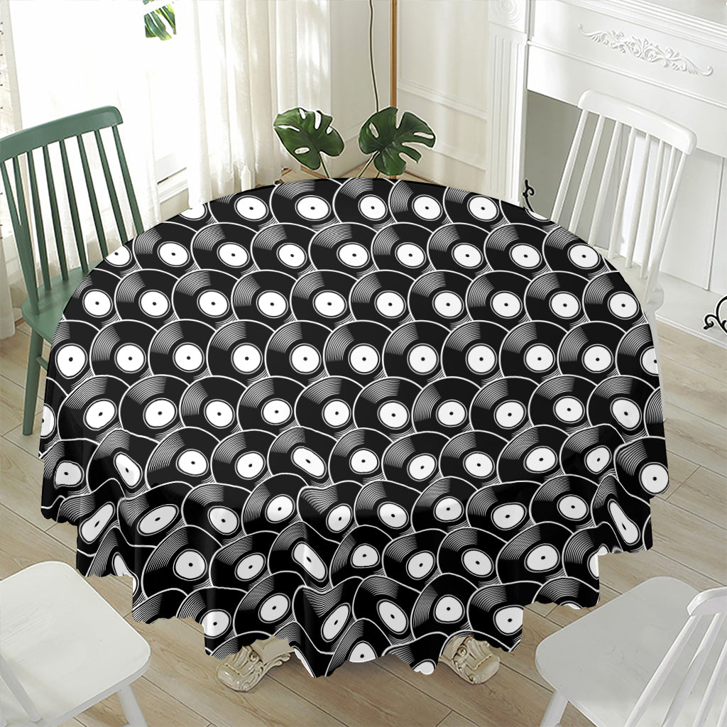 Black Vinyl Record Pattern Print Waterproof Round Tablecloth