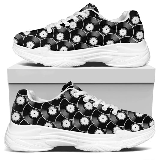 Black Vinyl Record Pattern Print White Chunky Shoes