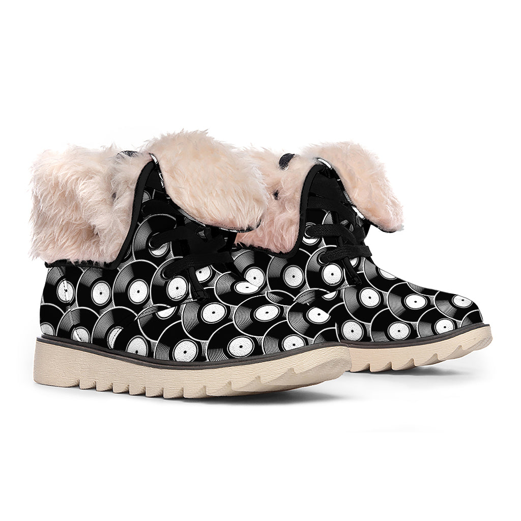 Black Vinyl Record Pattern Print Winter Boots