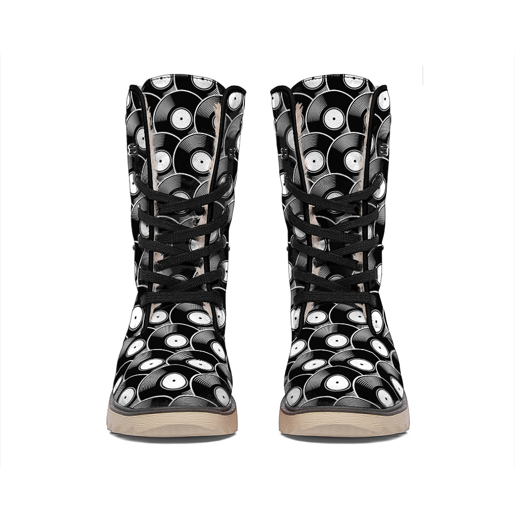 Black Vinyl Record Pattern Print Winter Boots