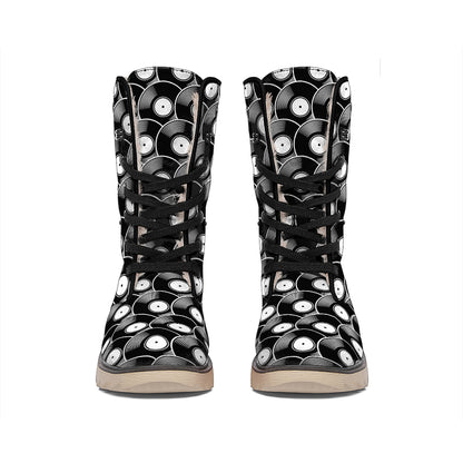 Black Vinyl Record Pattern Print Winter Boots