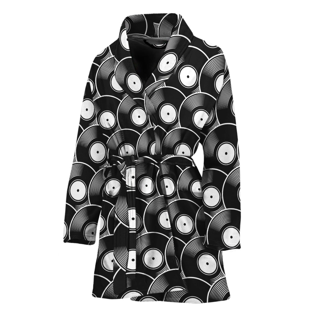Black Vinyl Record Pattern Print Women's Bathrobe