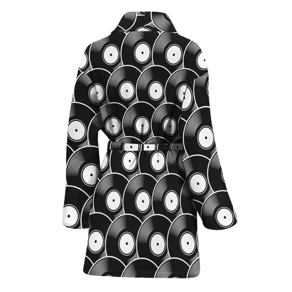 Black Vinyl Record Pattern Print Women's Bathrobe