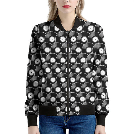 Black Vinyl Record Pattern Print Women's Bomber Jacket