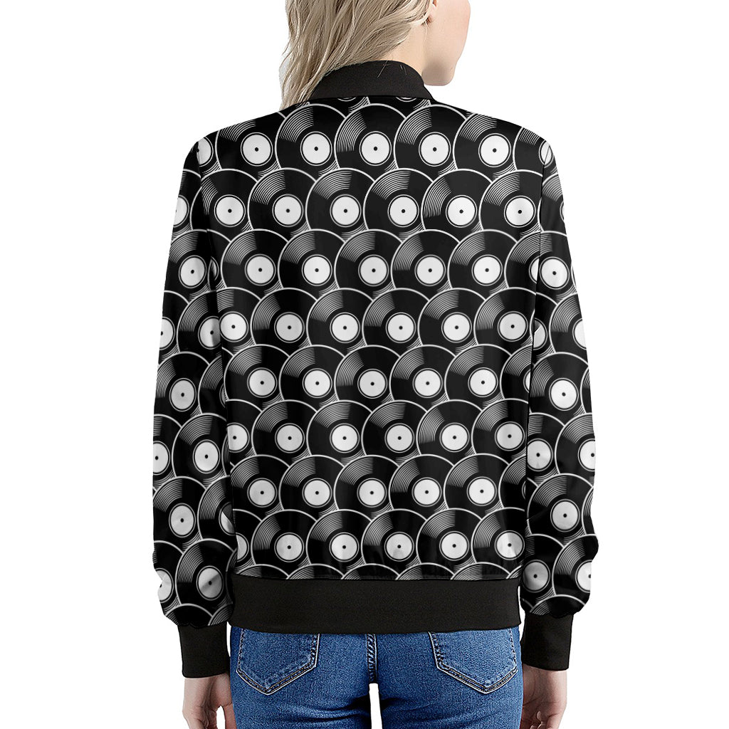 Black Vinyl Record Pattern Print Women's Bomber Jacket
