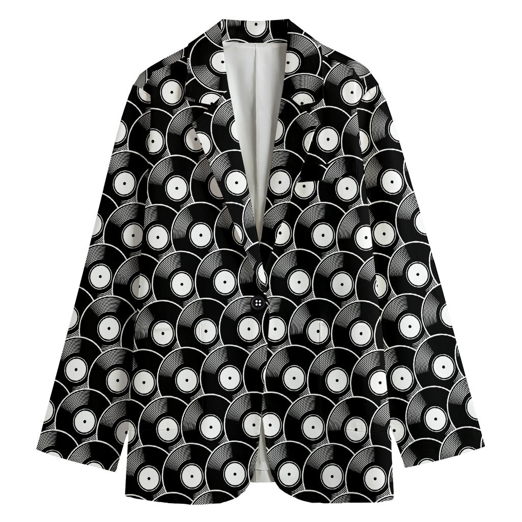 Black Vinyl Record Pattern Print Women's Cotton Blazer