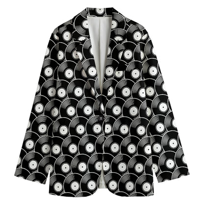 Black Vinyl Record Pattern Print Women's Cotton Blazer
