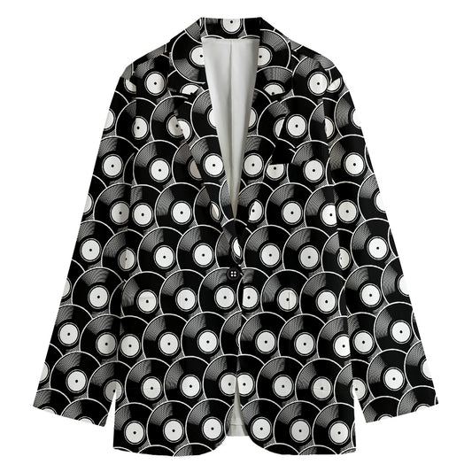 Black Vinyl Record Pattern Print Women's Cotton Blazer