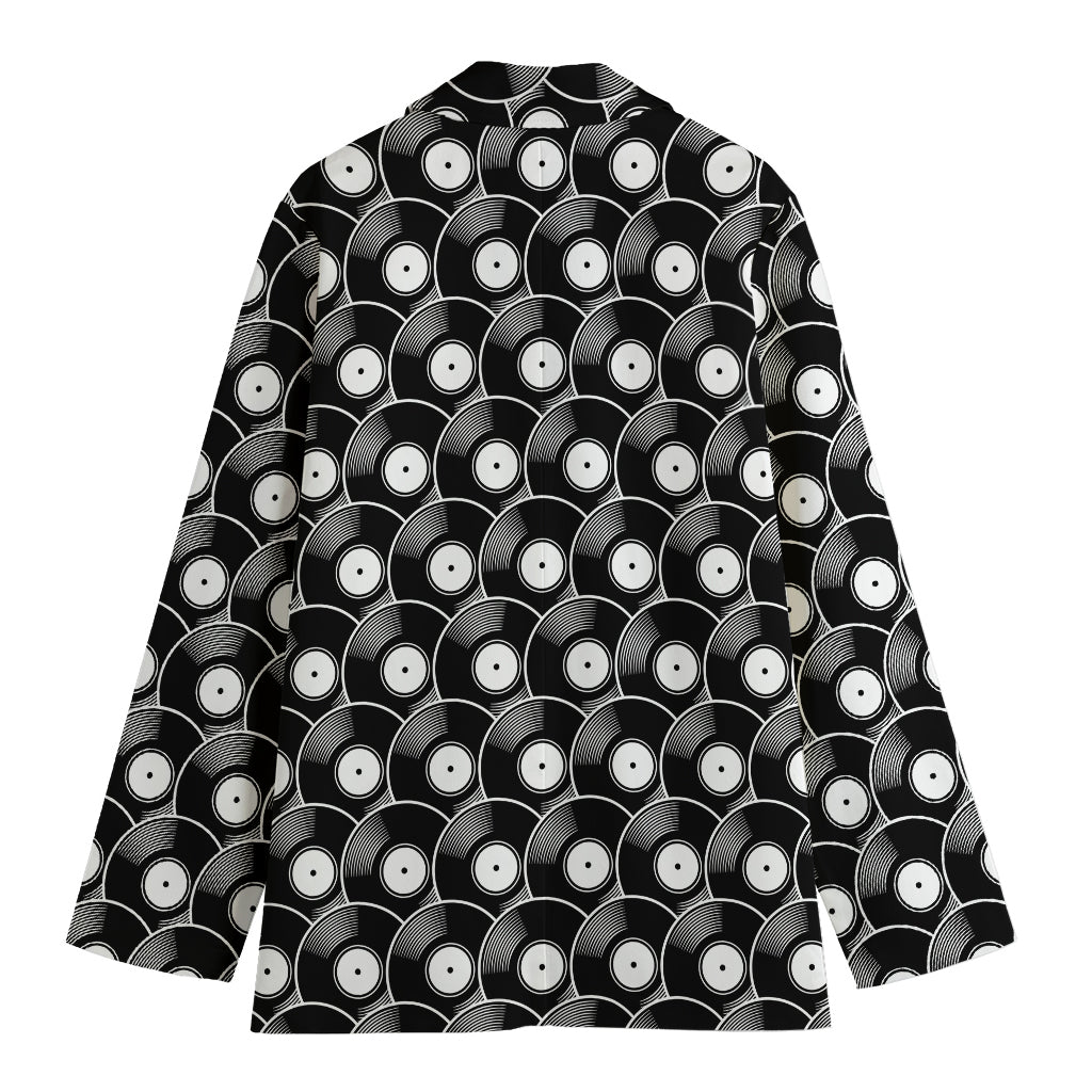 Black Vinyl Record Pattern Print Women's Cotton Blazer