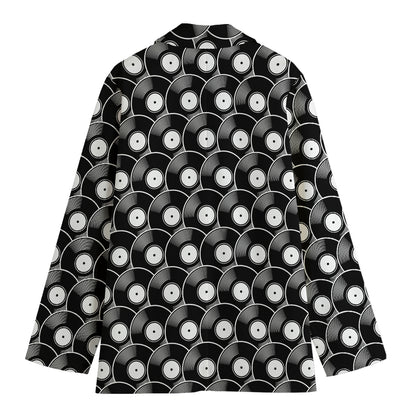 Black Vinyl Record Pattern Print Women's Cotton Blazer