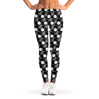 Black Vinyl Record Pattern Print Women's Leggings