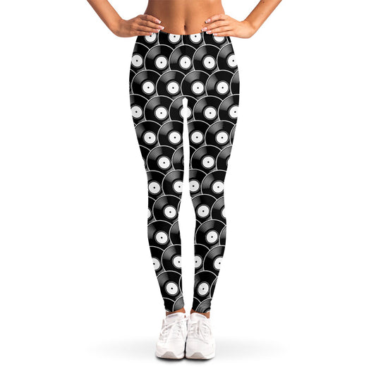 Black Vinyl Record Pattern Print Women's Leggings