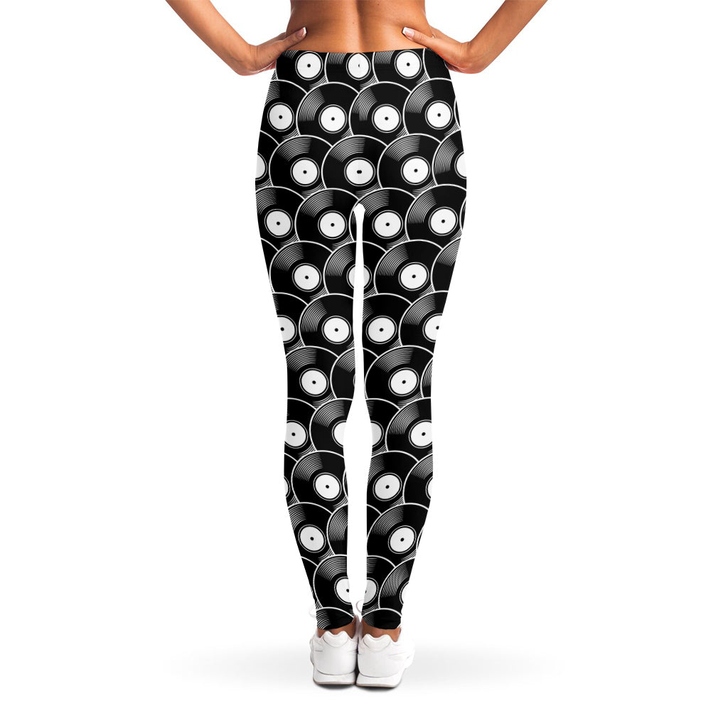 Black Vinyl Record Pattern Print Women's Leggings