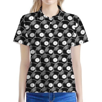 Black Vinyl Record Pattern Print Women's Polo Shirt