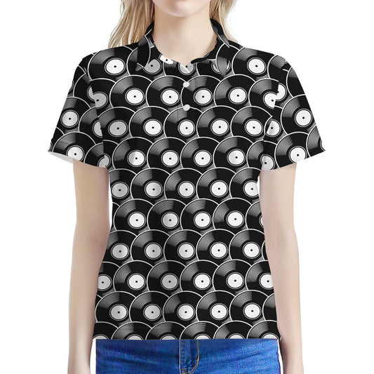 Black Vinyl Record Pattern Print Women's Polo Shirt