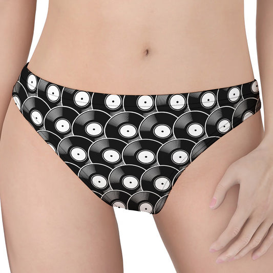 Black Vinyl Record Pattern Print Women's Thong