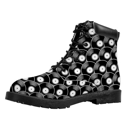 Black Vinyl Record Pattern Print Work Boots