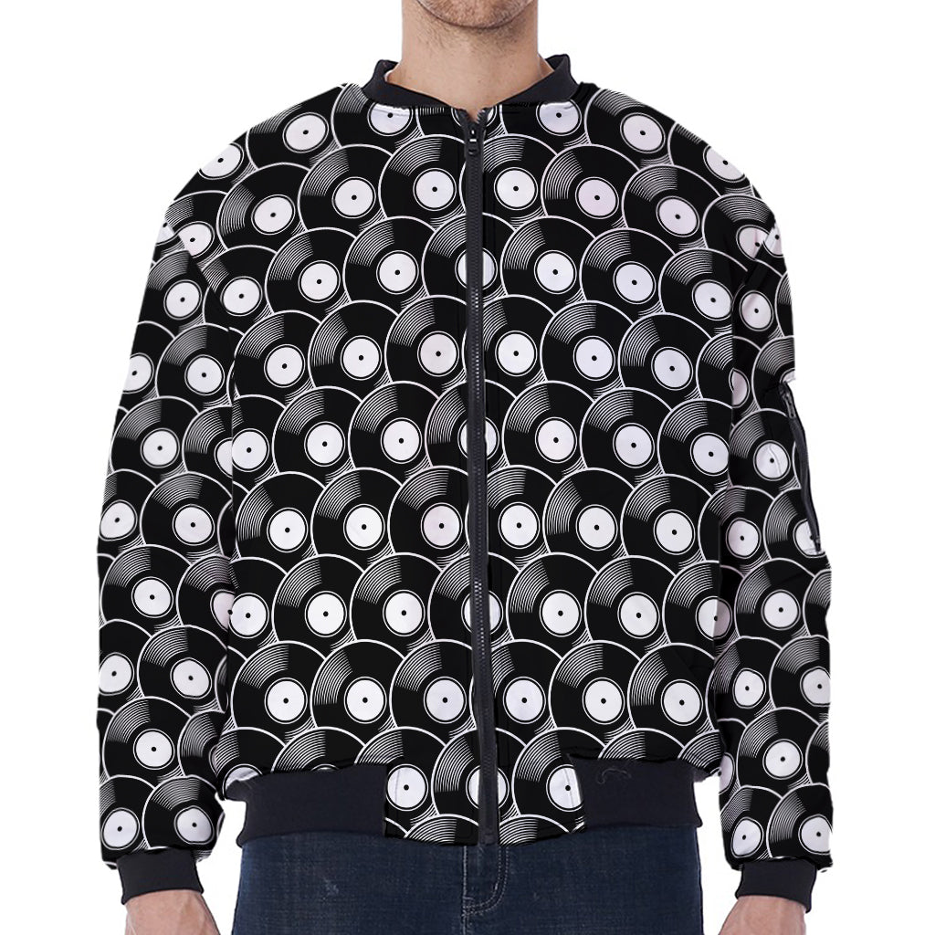 Black Vinyl Record Pattern Print Zip Sleeve Bomber Jacket
