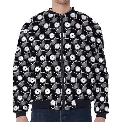 Black Vinyl Record Pattern Print Zip Sleeve Bomber Jacket