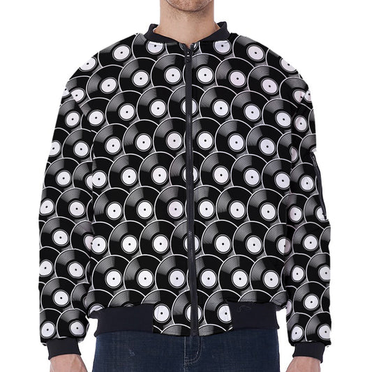 Black Vinyl Record Pattern Print Zip Sleeve Bomber Jacket
