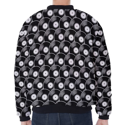 Black Vinyl Record Pattern Print Zip Sleeve Bomber Jacket
