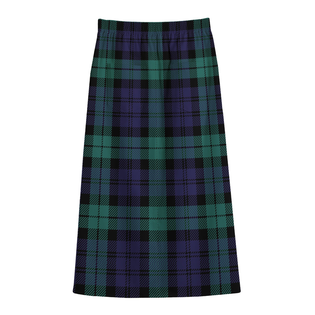 Black Watch Scottish Tartan Print Cotton Front Slit Maxi Skirt