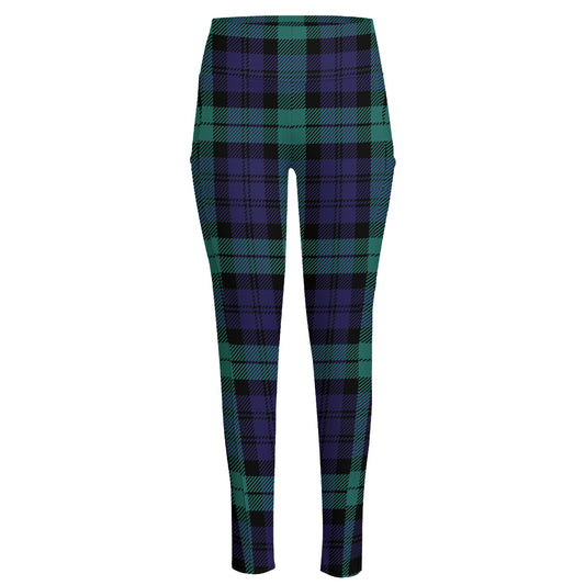 Black Watch Scottish Tartan Print High-Waisted Pocket Leggings
