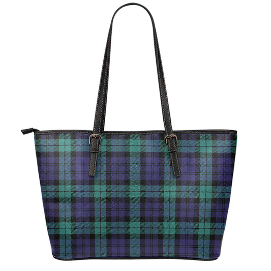 Black Watch Scottish Tartan Print Leather Tote Bag