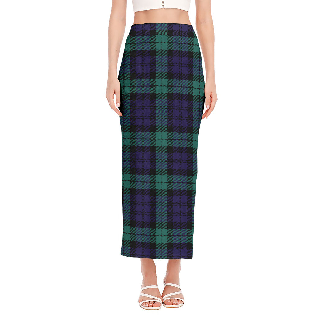 Black Watch Scottish Tartan Print Side Slit Maxi Skirt