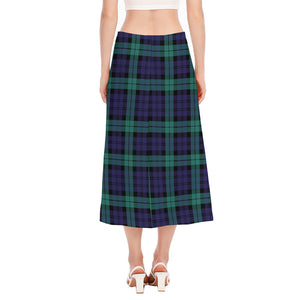 Black Watch Scottish Tartan Print Side Slit Midi Skirt