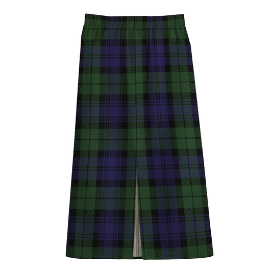 Black Watch Tartan Pattern Print Cotton Front Slit Maxi Skirt
