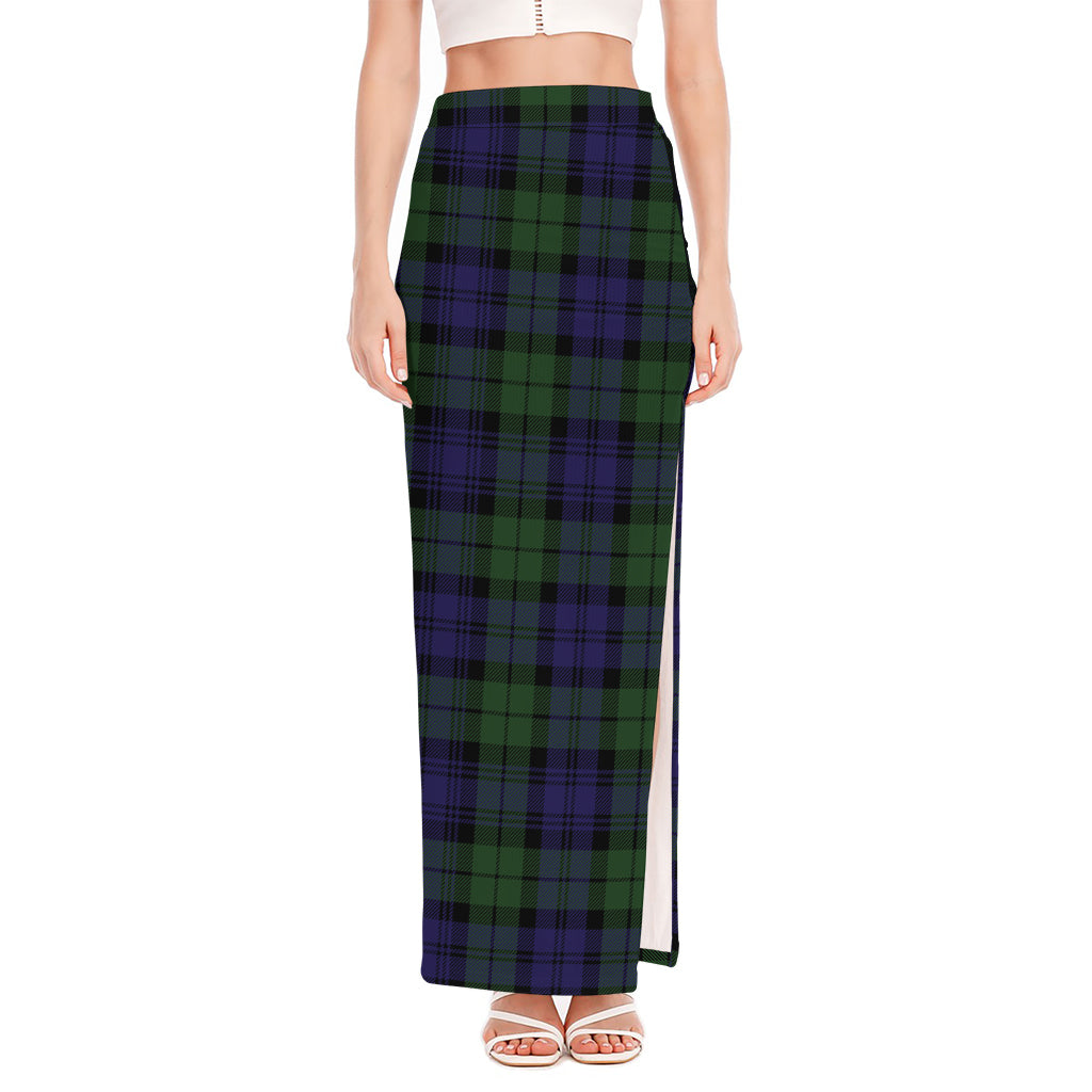 Black Watch Tartan Pattern Print High Slit Maxi Skirt
