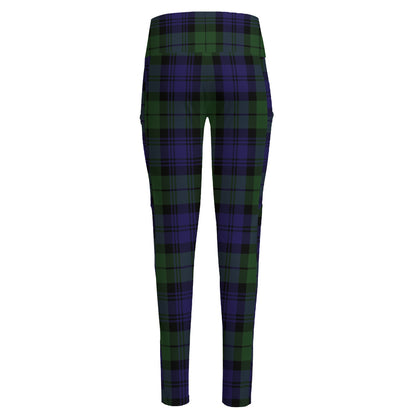 Black Watch Tartan Pattern Print High-Waisted Pocket Leggings