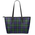Black Watch Tartan Pattern Print Leather Tote Bag With Zipper